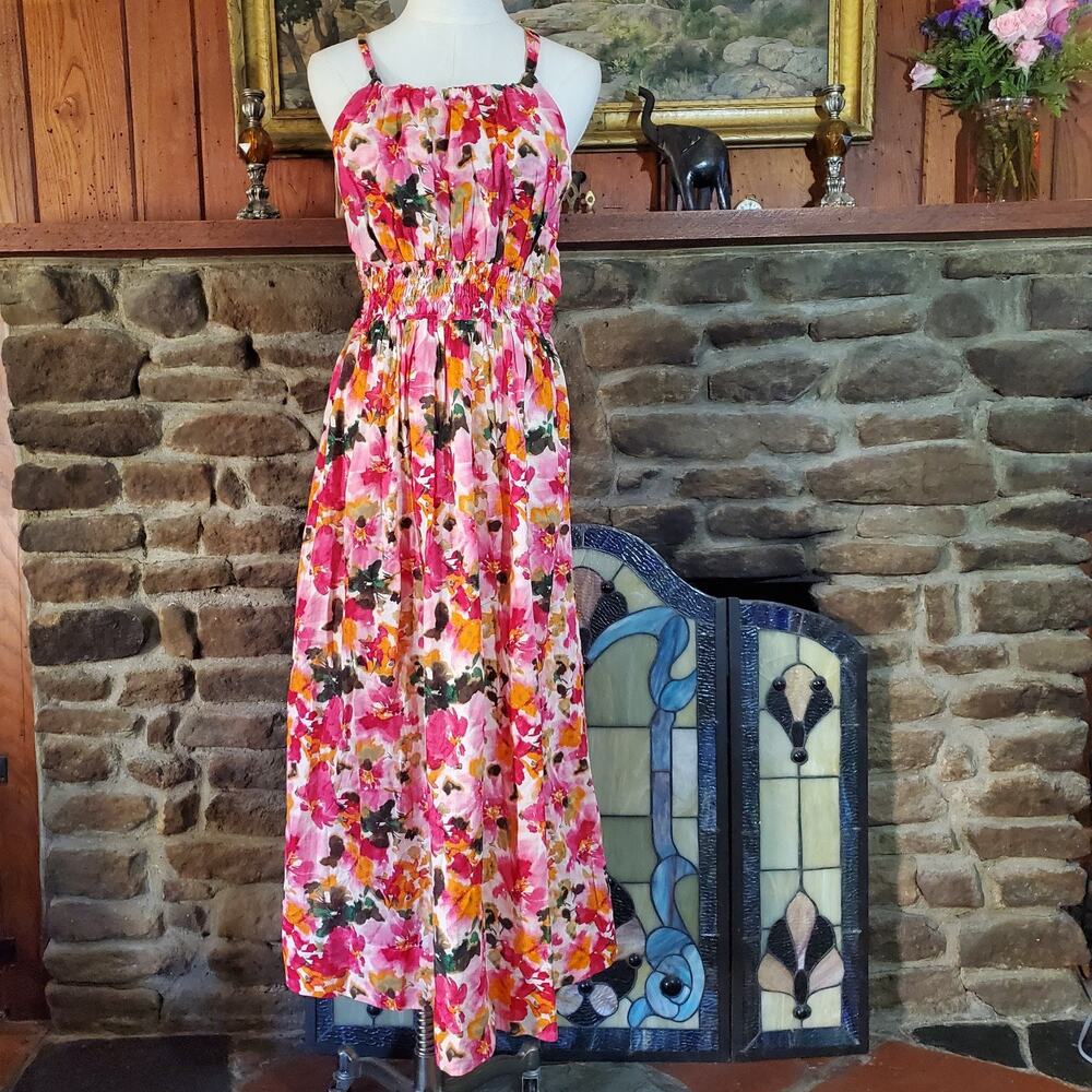 JCrew Cotton Maxi Dress Small Pink Floral Flare Smocked Halter Cottage Girlie